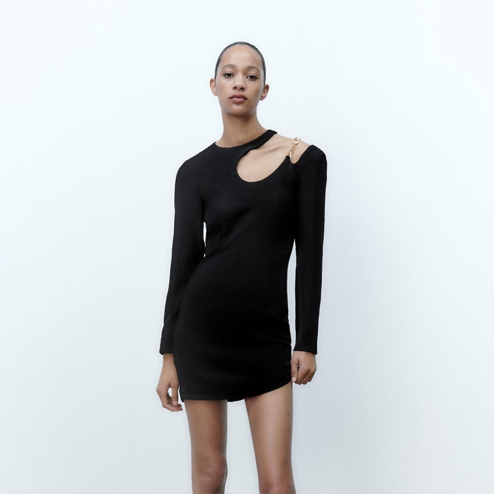 Zara black cutout metallic chain long sleeve mini dress size XS NWT